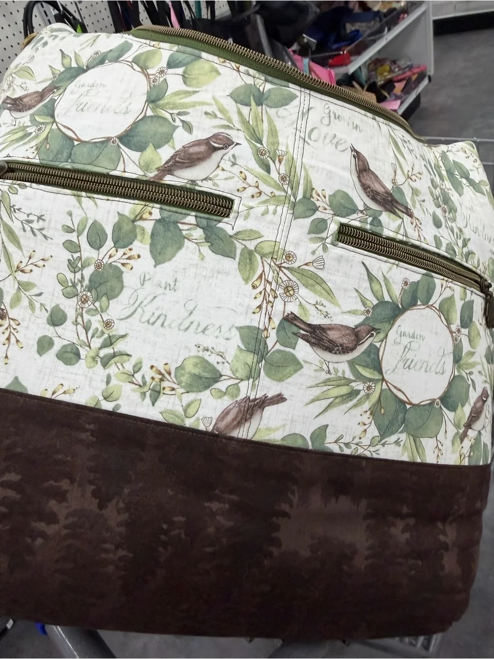 Botanical Bird Print Tote Bag in Green and Brown